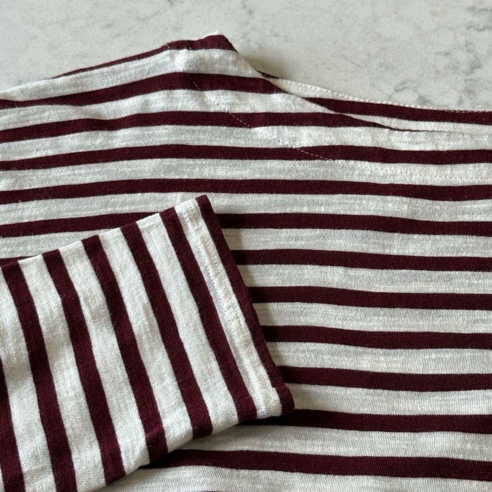 J.Jill Relaxed 100% Cotton Burgundy Striped Boat-Neck Long Sleeve Tee Medium